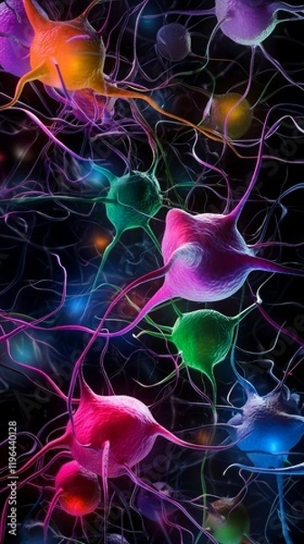Fototapeta A vibrant illustration of colorful neurons connected by intricate synapses against a dark background, showcasing the complexity of neural networks.