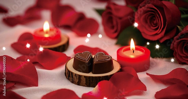 Obraz chocolate treats with candles and flower petals in the background