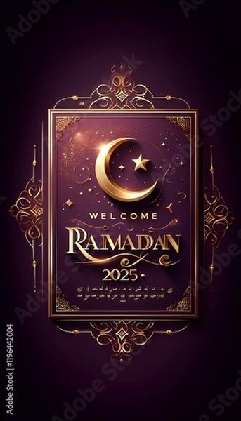 Fototapeta AI generates elegant Ramadan 2025 Greeting with Crescent Moon and Stars in Gold Design