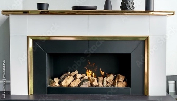 Fototapeta Generated image"Sleek Elegance: A Geometric Fireplace with Bold Black and Brass Accents