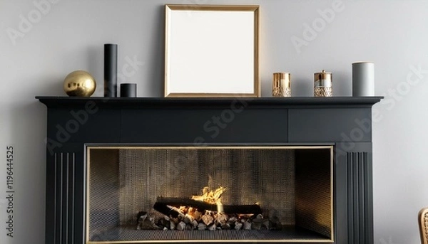 Fototapeta Generated image"Sleek Elegance: A Geometric Fireplace with Bold Black and Brass Accents