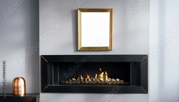 Fototapeta Generated image"Sleek Elegance: A Geometric Fireplace with Bold Black and Brass Accents