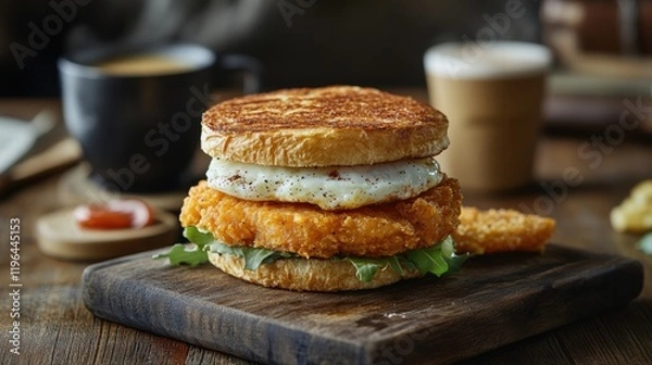 Fototapeta Savoring a Hearty Breakfast Burger with Egg and Hash Brown Sides Diner Vibes Food Photography Rustic Setting Morning Delight