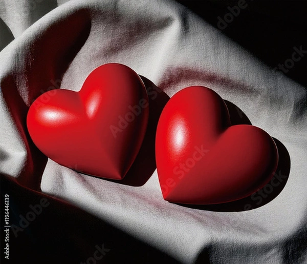 Obraz Two red hearts on a cloth, for Valentine's Day, a symbol of love