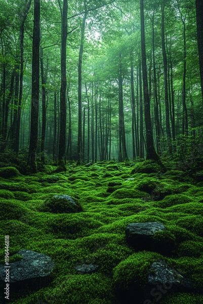 Obraz A mossy forest floor under a green canopy of trees
