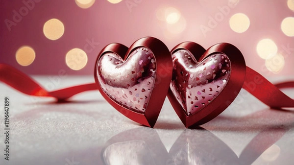 Obraz Close up shiny pink hearts with red ribbon on a pink white bokeh lights abstract background 2 - the perfect valentine's day symbol, concept, postcard, banner, glitters, copy text space, 