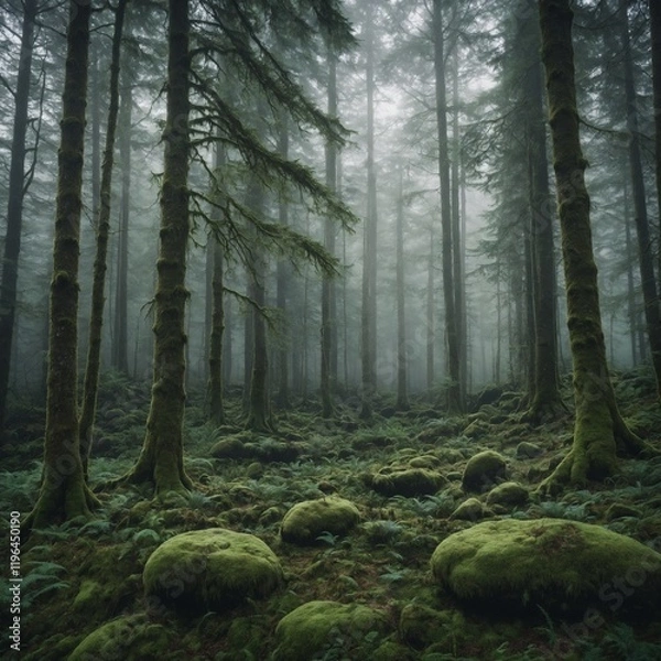 Fototapeta Nordic-inspired mystical forest with tall, ethereal trees shrouded in mist, soft shades of grey and green dominating the landscape, moss-covered rocks.