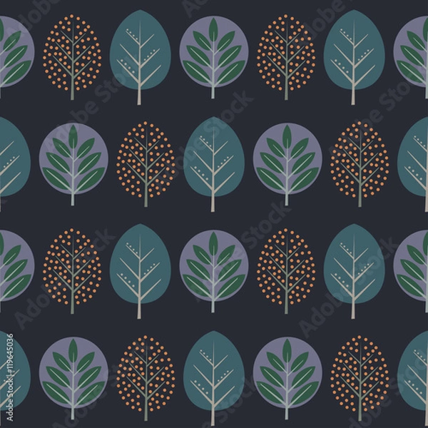 Fototapeta Leaves seamless pattern. Decorative nature background with trees. Scandinavian style autumn forest vector illustration. Design for textile, wallpaper, fabric.