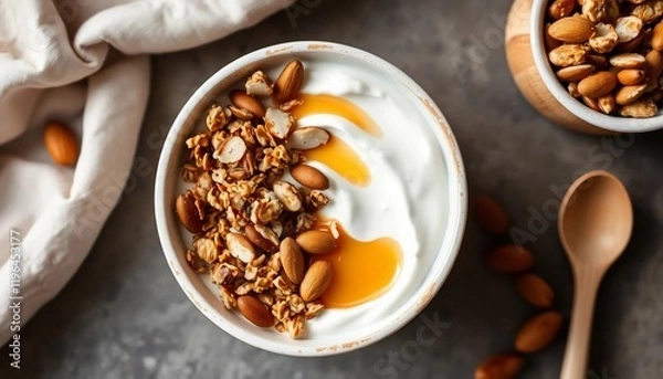 Fototapeta Delicious and healthy breakfast bowl with creamy yogurt, crunchy granola, and sweet almonds drizzled with honey. Perfect for a nutritious start to your day!