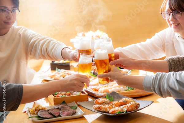Obraz ビールで乾杯　冬の宴会　鍋料理