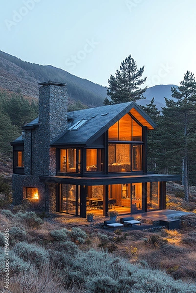 Obraz Modern Mountain Home Illuminated At Dusk
