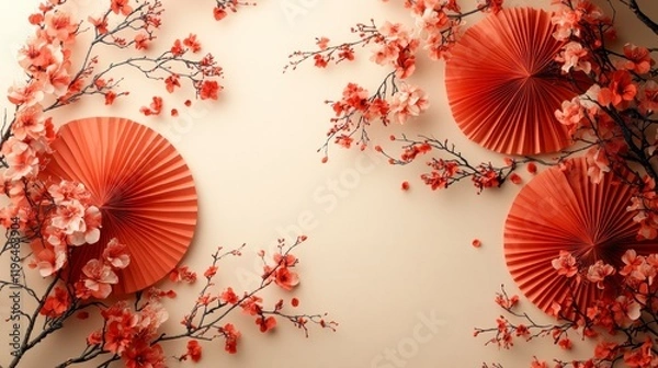 Fototapeta Elegant paper fans in red and gold, adorned with floral patterns, placed on a simple cream-colored background, creating a soft yet elegant look.
