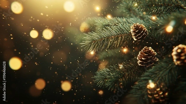 Fototapeta Golden Christmas tree branch with pine cones and bokeh lights