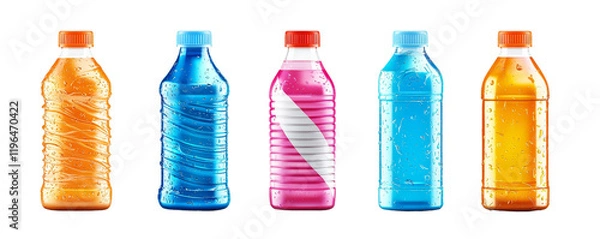 Fototapeta Colorful sports drink bottles arranged on a white background, showcasing vibrant hues and unique designs.