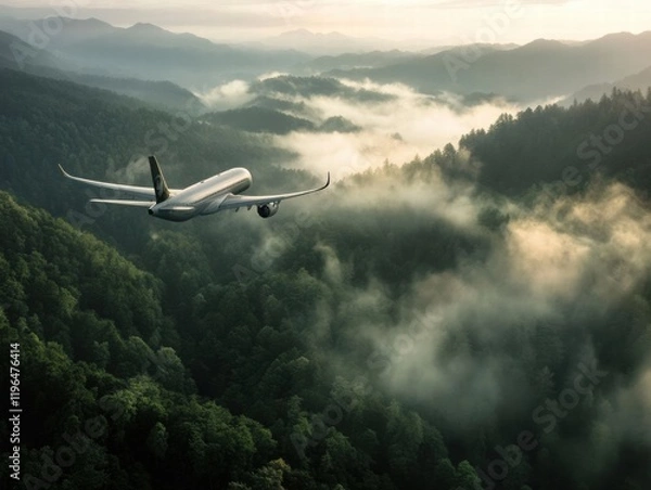 Fototapeta A large airplane is flying over a forest with foggy clouds