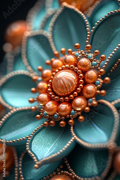 Fototapeta Teal Flower Adorned With Orange And Copper Beads