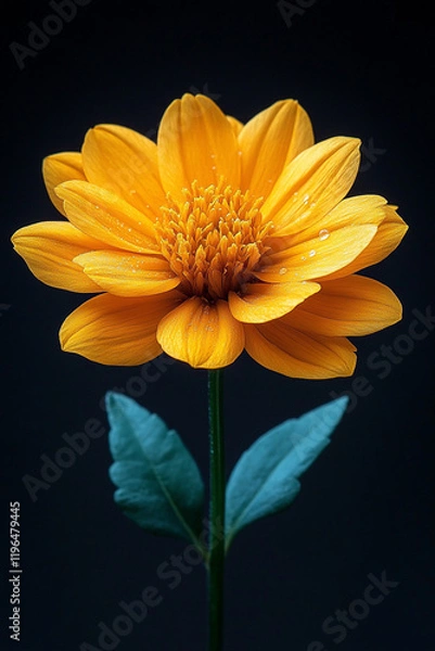 Fototapeta A single vibrant yellow flower with dew drops