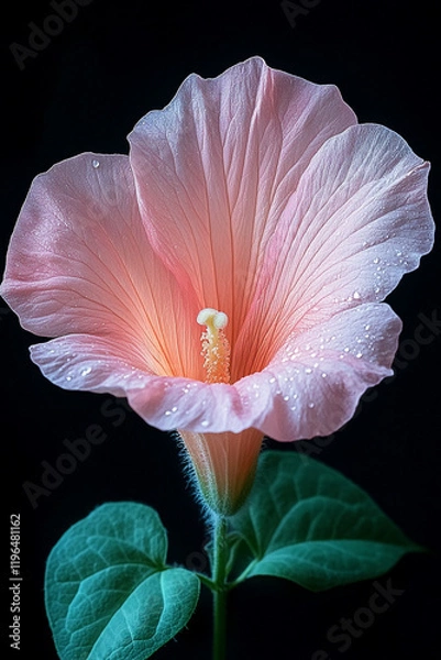Obraz Delicate Pink Flower with Dewdrops Against Black Background