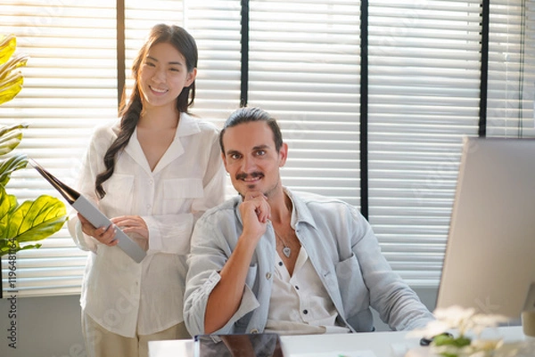 Obraz Portrait smile business people, Creative coworker team talking and working consult and discussing new planning project in office. Brainstorming and Teamwork plan.