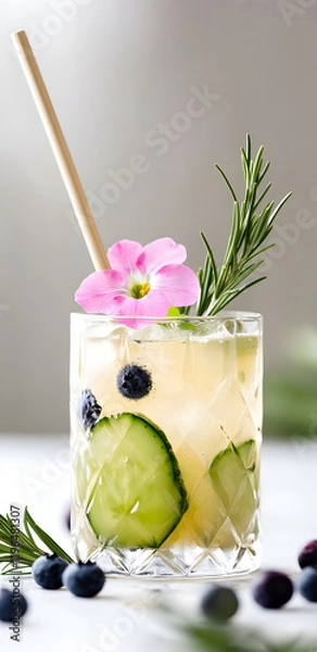 Obraz Refreshing cucumber and blueberry cocktail garnished with a pink flower and rosemary, served in a crystal glass