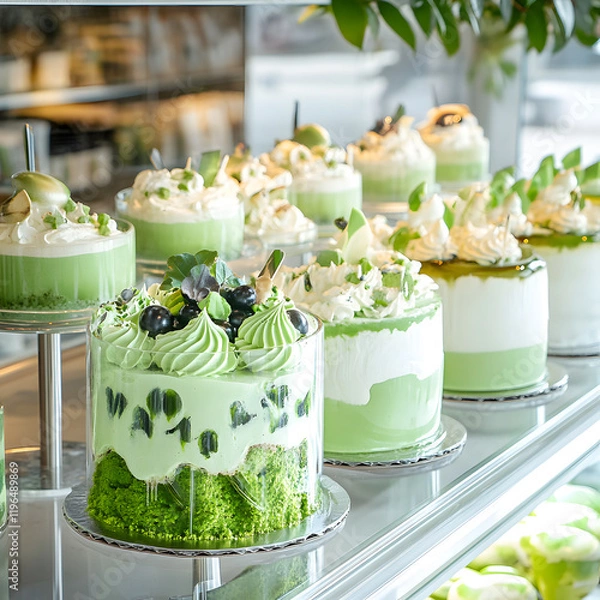 Obraz Display of green and white cakes with decorative toppings in a bakery, perfect for St. Patrick's Day celebrations