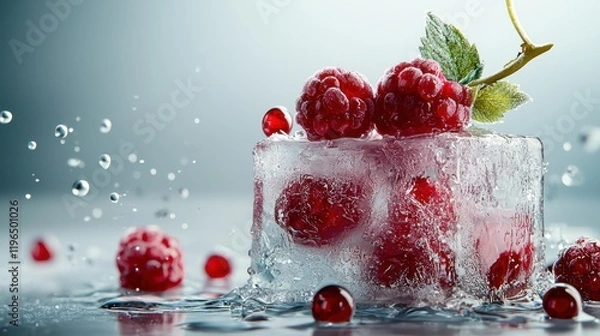 Fototapeta Captivating frozen berry sculpture white background ice block photography studio environment close-up perspective visual concept of nature's beauty
