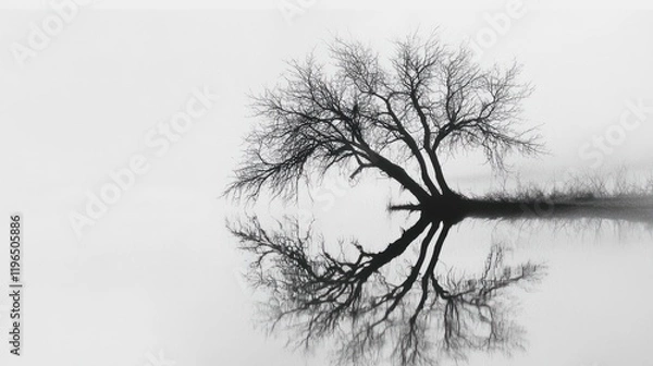 Fototapeta Serene Reflection: A Leafless Tree's Mirror Image in a Misty Lake