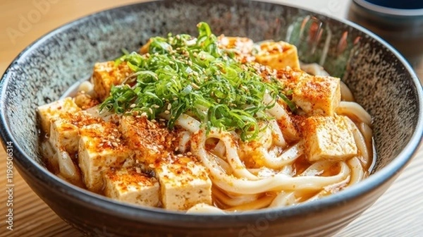 Fototapeta Savor Vegan Plant-Based Udon Noodles with Tofu in a Cozy Setting