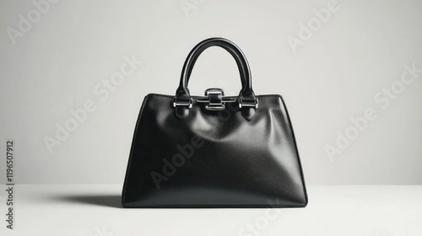 Fototapeta Black leather handbag with a structured design and metallic clasp, displayed against a clean white surface