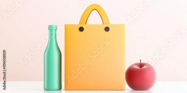 Fototapeta Colorful Shopping Bag with Apple and Bottle