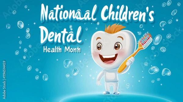 Obraz A vibrant cartoon-style image featuring a smiling tooth character holding a toothbrush, with "National Children’s Dental Health Month" written in large, fun bubble letters across the top,