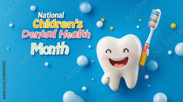Obraz A vibrant cartoon-style image of a tooth character holding a toothbrush and smiling brightly, with "National Children’s Dental Health Month" written in large, playful bubble letters across the top,
