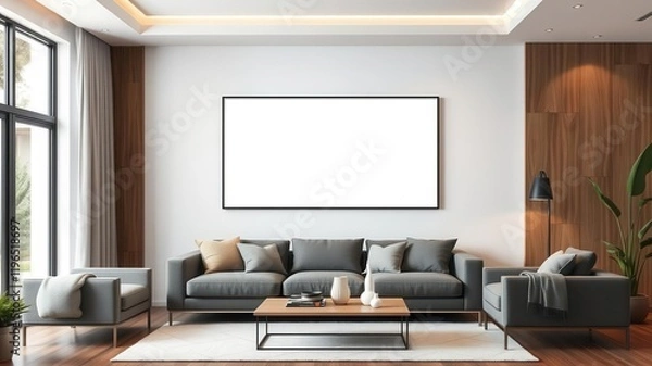 Fototapeta A modern living room with a sleek wall art mockup displayed prominently, mockup, coffee table, frame