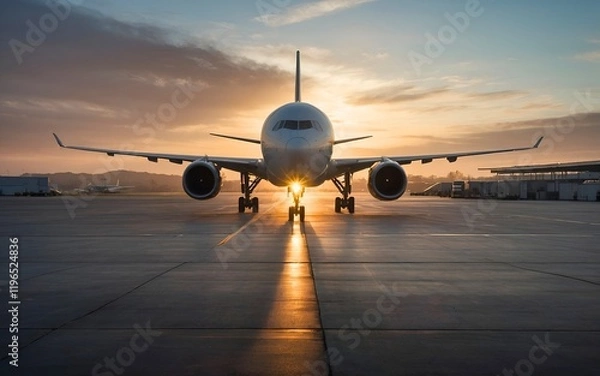 Fototapeta Ready for departure, sleek and powerful airplane stands poised on airport runway, its engines humming with anticipation, as warm glow of sunrise