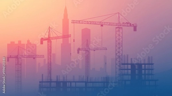 Fototapeta Construction at Dawn: Cityscape Silhouette with Cranes
