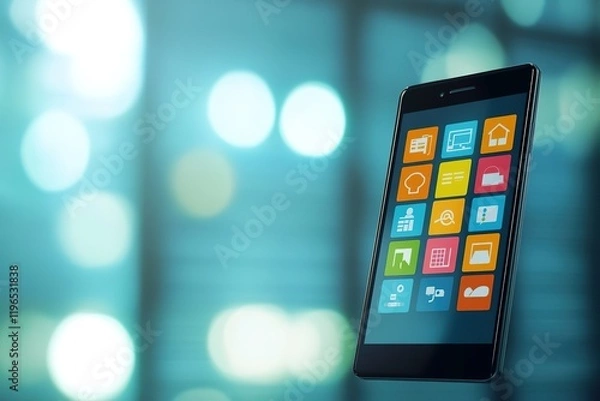 Obraz A sleek smartphone with a vibrant screen displaying an app featuring copyspace and showcasing modern design