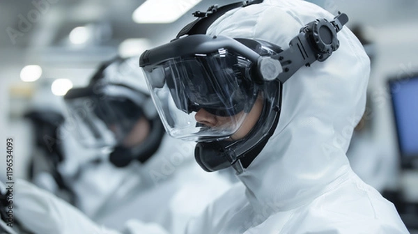 Fototapeta Focused Researchers in Cleanroom: Two scientists wearing protective hazmat suits and advanced goggles meticulously work in a pristine, high-tech cleanroom environment.  The image emphasizes precision.