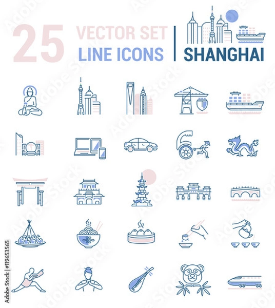 Obraz Set vector line icons in flat design with Shanghai