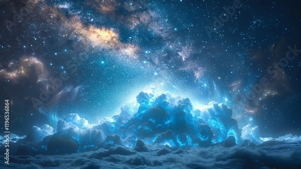 Fototapeta Starry night sky with glowing clouds and a galaxy in the background. AI generative. .