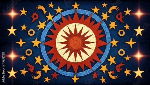 Fototapeta A mosaic sun surrounded by stars and swirling designs