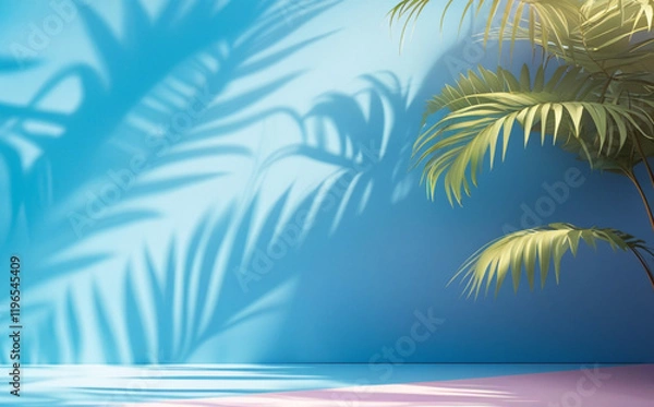 Fototapeta stock photo features a minimalist, generative concept with palm leaves casting shadows on a blue wall and pastel floor, creating a summer tropical beach background in an empty room ideal for product