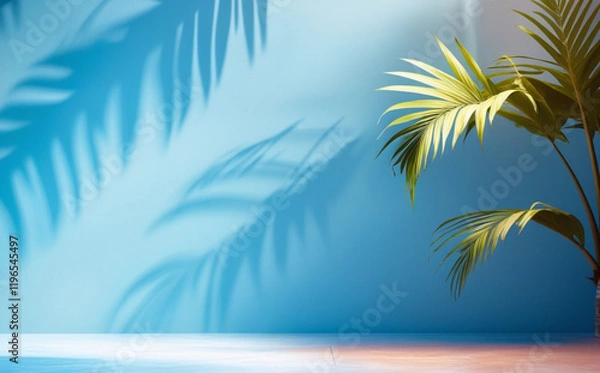 Fototapeta stock photo features a minimalist, generative concept with palm leaves casting shadows on a blue wall and pastel floor, creating a summer tropical beach background in an empty room ideal for product