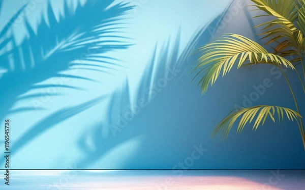 Fototapeta stock photo features a minimalist, generative concept with palm leaves casting shadows on a blue wall and pastel floor, creating a summer tropical beach background in an empty room ideal for product