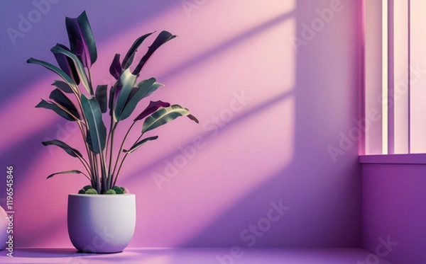 Fototapeta stock photo features a minimalist, generative concept with palm leaves casting shadows on a blue wall and pastel floor, creating a summer tropical beach background in an empty room ideal for product