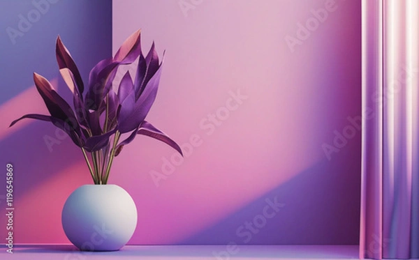 Fototapeta stock photo features a minimalist, generative concept with palm leaves casting shadows on a blue wall and pastel floor, creating a summer tropical beach background in an empty room ideal for product