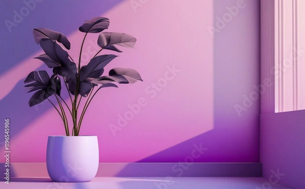 Fototapeta stock photo features a minimalist, generative concept with palm leaves casting shadows on a blue wall and pastel floor, creating a summer tropical beach background in an empty room ideal for product