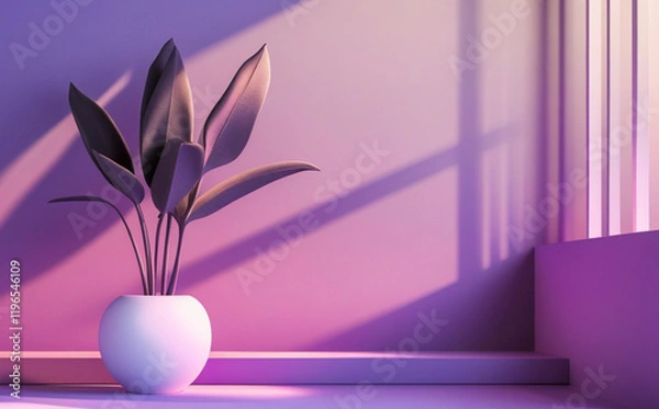 Fototapeta stock photo features a minimalist, generative concept with palm leaves casting shadows on a blue wall and pastel floor, creating a summer tropical beach background in an empty room ideal for product