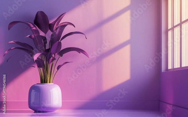 Fototapeta stock photo features a minimalist, generative concept with palm leaves casting shadows on a blue wall and pastel floor, creating a summer tropical beach background in an empty room ideal for product