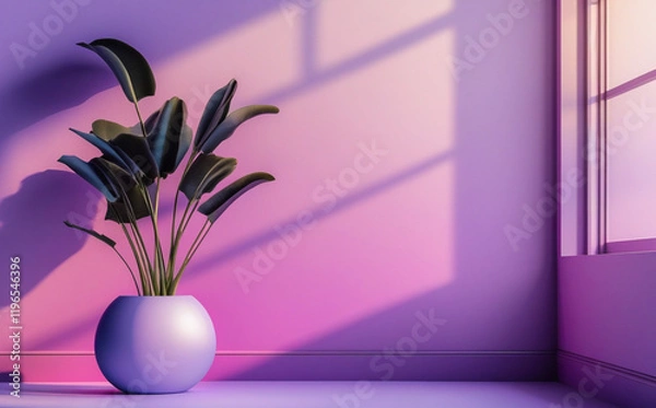 Fototapeta stock photo features a minimalist, generative concept with palm leaves casting shadows on a blue wall and pastel floor, creating a summer tropical beach background in an empty room ideal for product