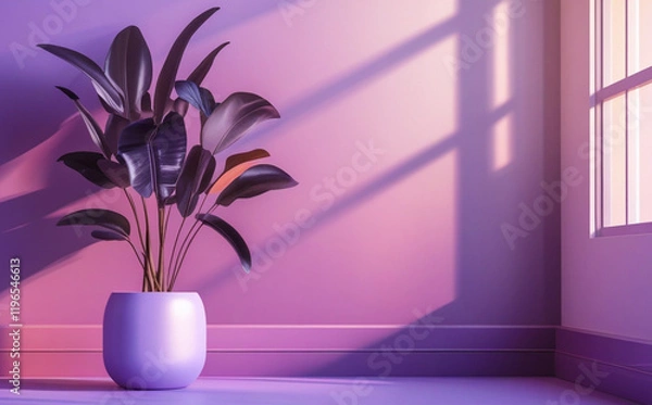 Fototapeta stock photo features a minimalist, generative concept with palm leaves casting shadows on a blue wall and pastel floor, creating a summer tropical beach background in an empty room ideal for product